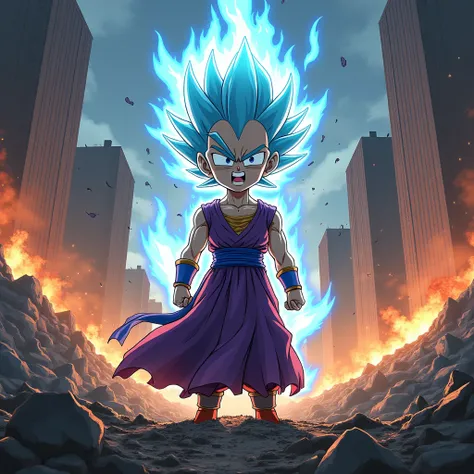 "A highly detailed and realistic illustration of Zeno from Dragon Ball Super in his original design, displaying an intense and angry expression. The setting is a chaotic battlefield with towering skyscrapers either crumbling or engulfed in flames. The envi...