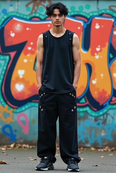 A 22-year-old man，Height 190cm， The background is a graffiti wall ， is a hip-hop enthusiast ，The top is wearing a vest ，Wide-leg pants，Sports shoes， black hair， There are lots of small jewels on clothes， tall， long legs， long legs，Front view，Face looking a...