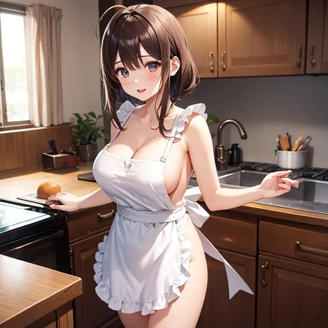  1 girl 、solo、 standing、 cowboy shooting、Arm Bras 、 naked apron、 waist apron 、Frills、 waist apron 、Bare legs、Big Breasts、 brown hair、Ahoge、、indoor、bedroom、