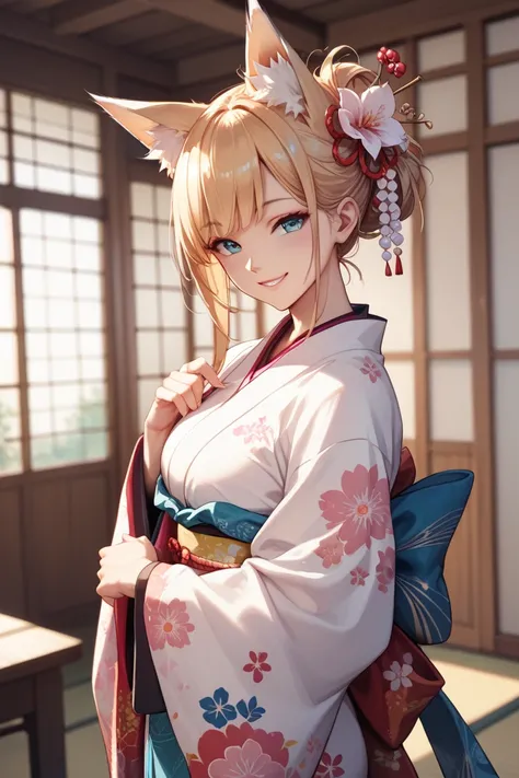  top quality、smile、 fox ears、kimono、 Taken from the Japanese-style room