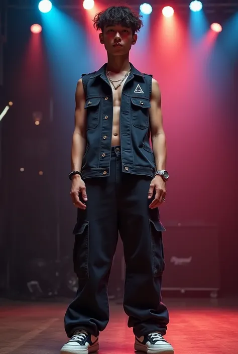 A 22-year-old man，Height 190cm，Background Stage，Various lights， is a hip-hop enthusiast ，The top is wearing a vest ，Wide-leg pants，Sports shoes， black hair， There are lots of small jewels on clothes， tall， long legs， long legs，Front view，Face looking at ca...