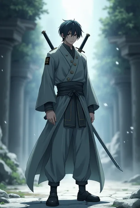 Anime style. Full body. Warrior. 1 man. Black hair, undercut, flat expression, twin silver sword unsheathed on the back, long grey buttoned robe with grey long pants, black shoes.
The environtment should be around calm, composed, mysterious, cool