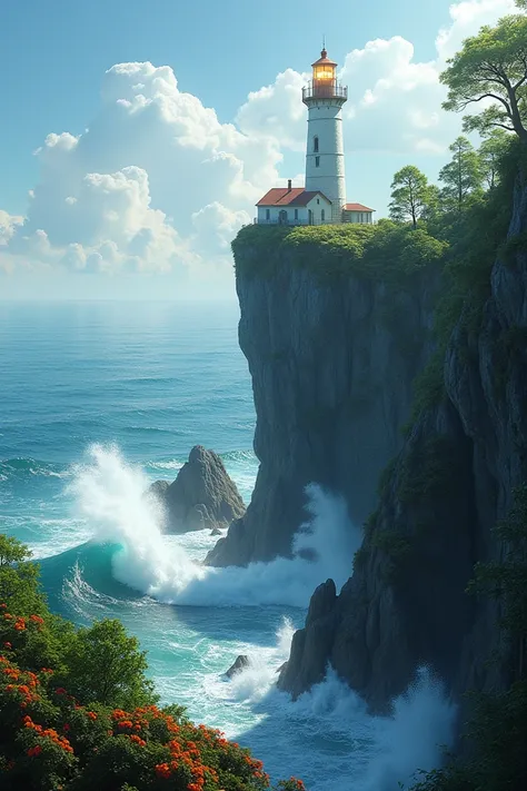 Youre walking by the sea 。 {x} It looks like a lighthouse standing on a high cliff， surrounded by green and colorful plants 。 The waves are hitting a high cliff 。