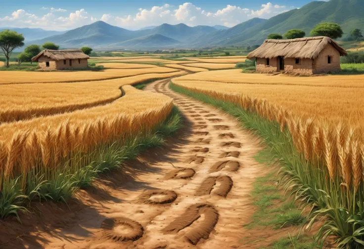 background image, masterpiece, best quality, high quality, extremely detailed, on a path with the vast barley fields of ancient laconia nearby, with helots farming and tending to the fields, the dirt path printed with faint wagon wheel tracks and horse sho...