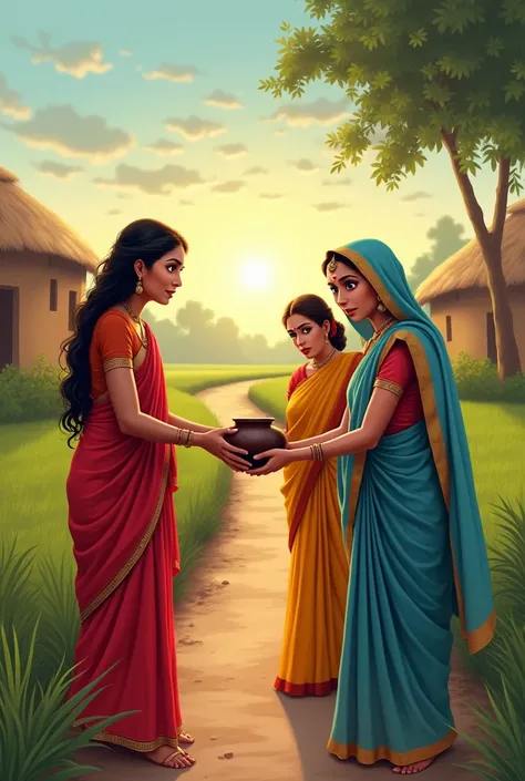 Image Prompt:
"A digital illustration of the first and second women standing on the rural path, observing in surprise as the third womans daughter-in-law offers to take the pot from her mother-in-law. The first woman, dressed in a red sari, and the second ...