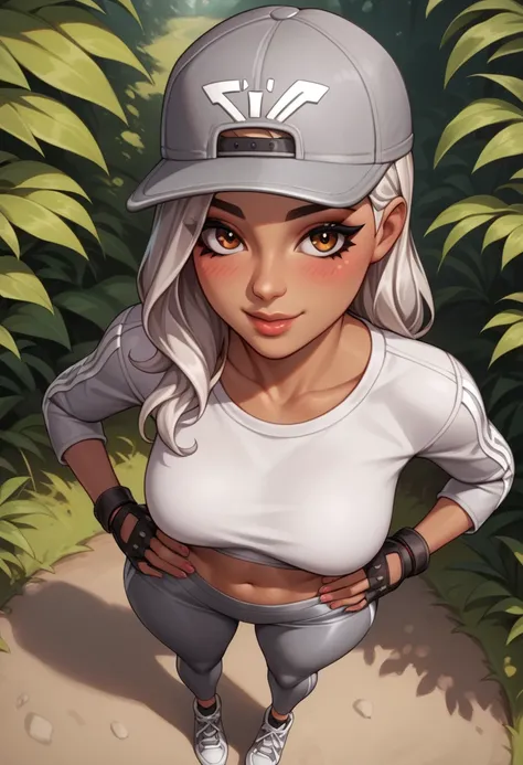 score_9, score_8_up, score_7_up,1girl, adult,beautiful detailed eyes, beautiful detailed lips, extremely detailed face, long eyelashes,long white hair,(silver cap backwards),blush, silver long sleeve crop top,gray yoga pants,source_anime,thick thighs, big ...