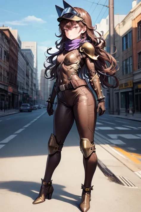 ((best quality)), ((masterpiece)), (detailed), 1 girl, full body, 20s, young adult, purple eyes, brown vintage aviator helmet, spiked helmet, serious face, long blue scarf, brown hair, long hair, wavy hair, bangs, brown collar, somewhat short, very thin, b...