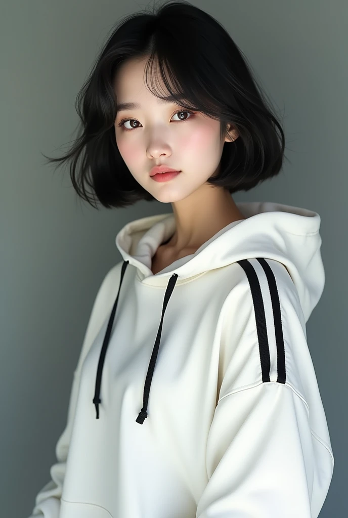 a beautiful korean girl wearing a white hoodie, the hoodie has two black stripe from the shoulder to the wrist. she has a short black hair, she is wearing a t shirt under the hoodie, realistic,