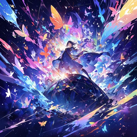  masterpiece、background((excellent starry sky、meteor、 magic ))、depth((Huge trees、excellent、发Light的))、 a beautiful girl、piece、Rear View、Face to waist ，  animation inspired by Makoto Shinkai , [Space Art，mystery，Light，Butterfly,  constellation, Girl rides on...