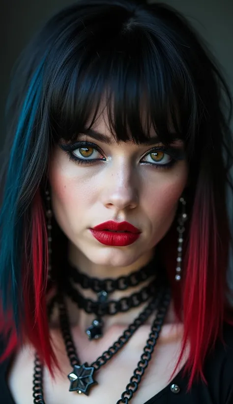 closeup portrait of a goth woman, messy straight-cut cleopatra bob, bangs, multi-tone hair (black with red and blue highlights), long earrings, necklaces, heavy make-up, red lips, dark eyeshadow, dark background, saniiflx