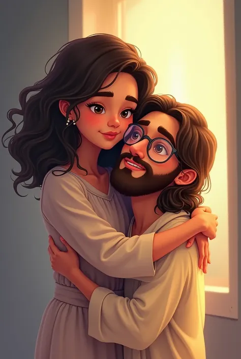 You are a 28-year-old girl with medium curly hair, you wear clear glasses and you are embracing Jesus of Nazareth animated.