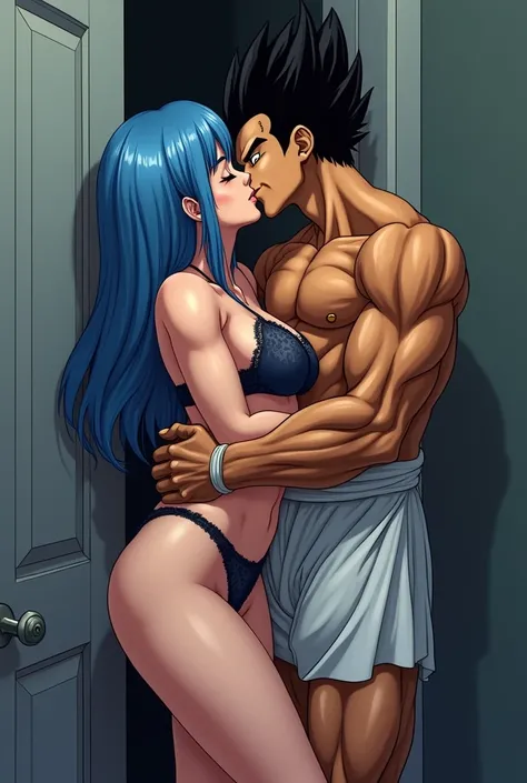  Vegeta kissing Bulma ,  she with a surprise gesture . Her blue hair , Barely crossing her shoulders ,  her voluptuous but not ordinary body .  Dressed in a set of lace underwear ,  is cornered against the door that is closed while Vegeta holds her by the ...