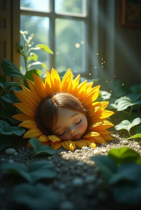  Sunflower asleep on his bed of leaves, At night inside his room  
