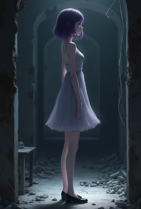 anime style, female character with short dark purple hair, purple eyes, fair skin, wearing a gray dress and black shoes, height 1.85 meters, standing inside an abandoned room filled with cobwebs, decaying walls, and a gloomy atmosphere, soft ambient lighti...