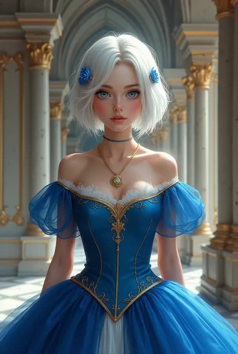 pretty woman, natural, with short white hair below the neck ,  blue eyes ,  and wearing royal blue princess dress with golden edges . inside a castle,  that their expressions are emotionless That she has a drawing-like fanart style