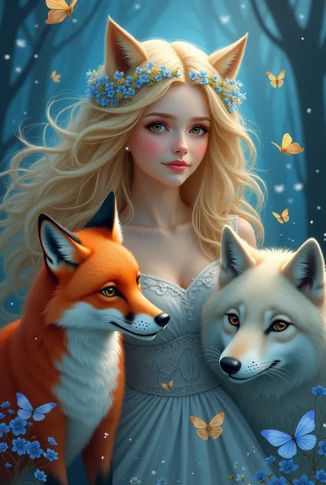  Make me a wallpaper of the archetypes of Aphrodite (the blonde), A red fox, A Wolf and butterflies around, where their entire body appears and Aphrodites face is clear but shes not stubborn and the predominant color of the image must be blue