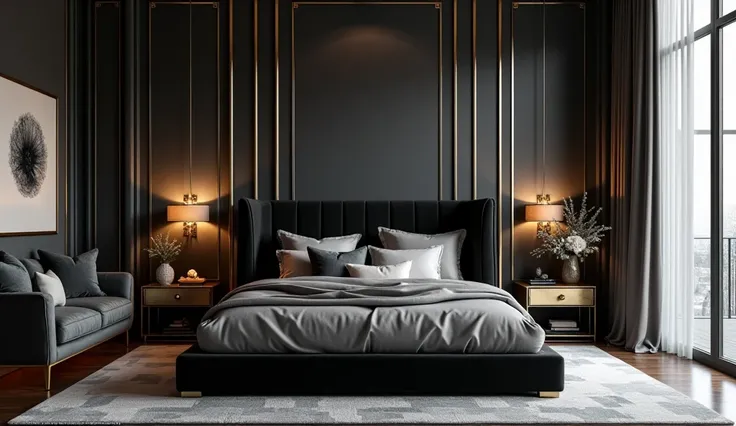 There is a luxurious black bedroom in a gray and golden sofa