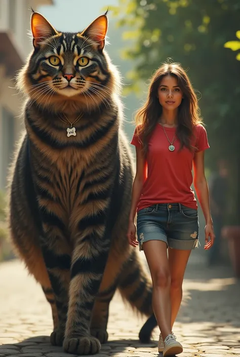 A woman in a red t-shirt and short, long-haired jeans walks next to a tabby cat in black and light brown complexion. The woman and the cat walk side by side facing directly at the camera .  The black and light brown tabby cat is taller and larger compared ...