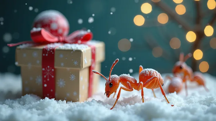  ants wearing Christmas hats ， There are many types of ants， realistic style ，Snow，Gift Box，candy，“Merry Christmas” 