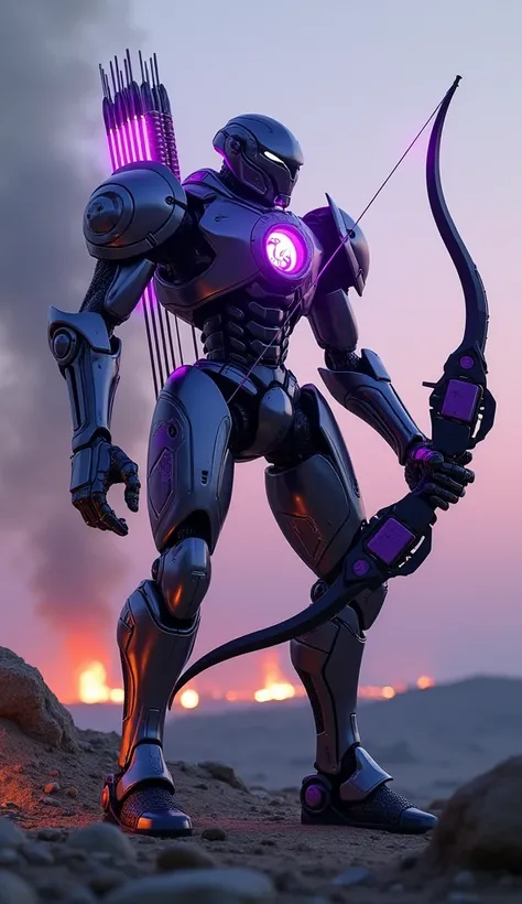 A sleek, muscular warbot standing on a rocky battlefield at dusk, surrounded by smoke and glowing embers. Its metallic frame is painted in deep purple and black, with sharp silver accents along its limbs. Neon lights pulse in a violet hue from its chest em...