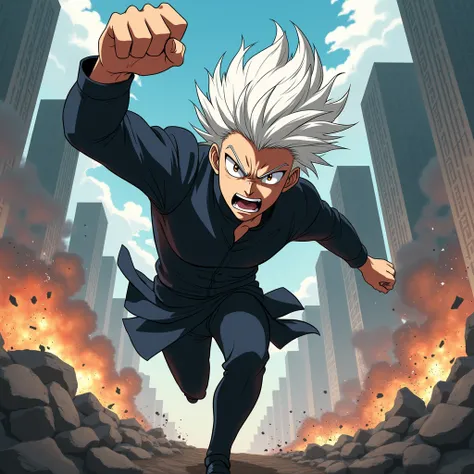 "A highly detailed and realistic illustration of Gojo Satoru from Jujutsu Kaisen in his original design, displaying an intense, angry expression as he sprints forward with his fist raised, ready to punch. The background features a chaotic battlefield with ...