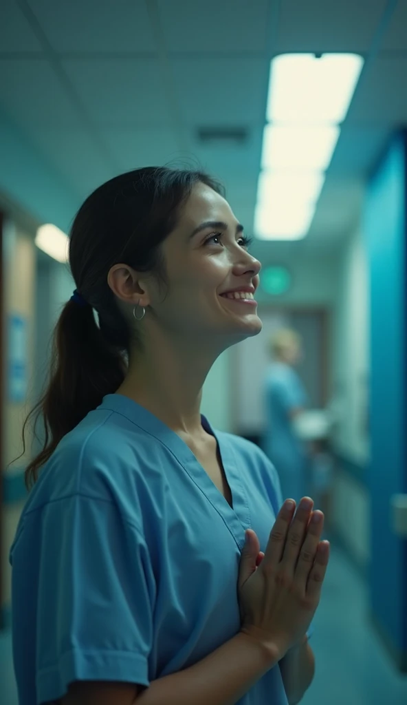 The emotional relative, still in prayer, but now with a smile of hope. The hospital environment must seem lighter and more welcoming, photorealistic, cinematic scene, super detailed, hyper realistic, lights, 8k