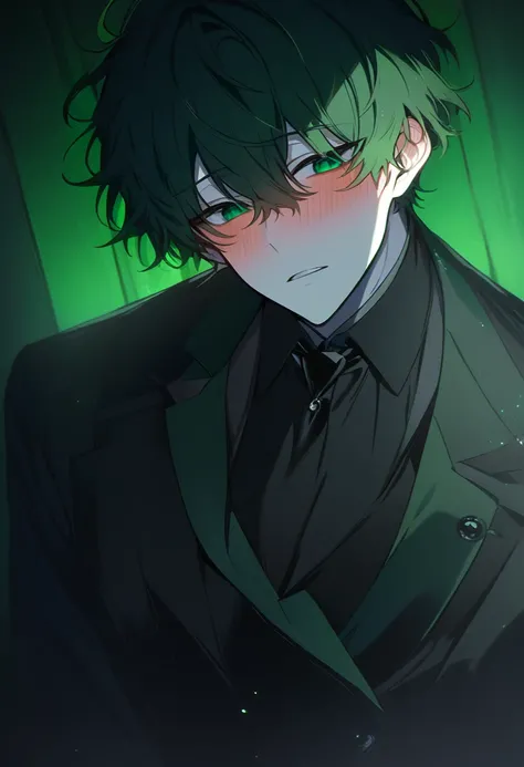 handsome, Alone, 1 male、Attractive eyes、masterpiece, Best quality,He is looking in this direction.、Green fluffy hair, short hair, Bright, deep green eyes, Yandere, Moonlight coming in, Light comes in, night, dark atmosphere, dark lighting, Look up, Stylish...