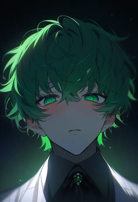 handsome, Alone, 1 male、Attractive eyes、masterpiece, Best quality,He is looking in this direction.、Green fluffy hair, short hair, Bright, deep green eyes, Yandere, Moonlight coming in, Light comes in, night, dark atmosphere, dark lighting, Look up, Stylish...