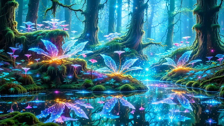 ﻿A Masterpiece In 32K Resolution, Supreme Quality, Super Detail, Official Art, Very High-Resolution 32K Wallpaper, Beautiful And Aesthetic, Ultra-Detailed Features, Awe-Inspiring Detail. A Vast, Glowing Futuristic Forest Featuring Towering Bioluminescent T...