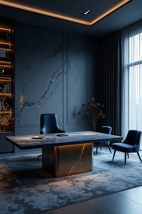 Design of the Chairmans office of a large company in a minimalist and modern and high-tech style with a dark blue slate stone with dark gold streaks and very dark gold bases and walls of satin fabric in dark blue and flowers in dark gold color and a chair ...