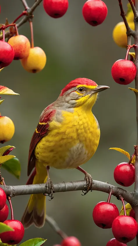 Close-up image of a red-yellow mockingbird, perched on a cherry bushes. Muted colors, cinematic contour lighting, low-contrast ProLog, award-winning composition, chromatic aberration.