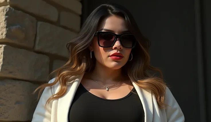 Belinda 28 years old , piel blanca y chubby,  long wavy dark blonde hair ,  wears a plus-size black top with a plus-size white coat,  background of a stone wall ,  focus on her face with gloss and full lips ,  wearing sunglasses that cover her eyes , looki...