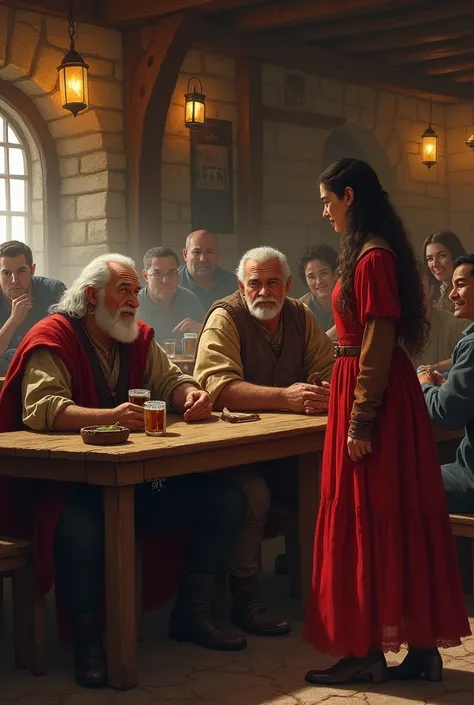 A 25-year-old medieval man and an 80-year-old man were in a bar. A young woman in red came from the right side of the table. She had two beer glasses in her hand. There were people at other tables in the bar.