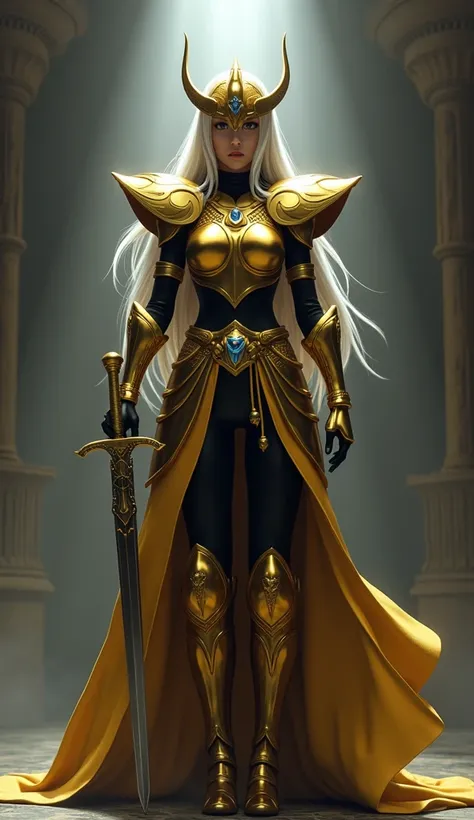 create a 3D animated cartoon character similar to the film Saint Seiya, a beautiful woman with a sexy body, beautiful face and long straight white and golden hair, with a black t-shirt and black trousers wrapped in gold armor complete with a helmet coverin...