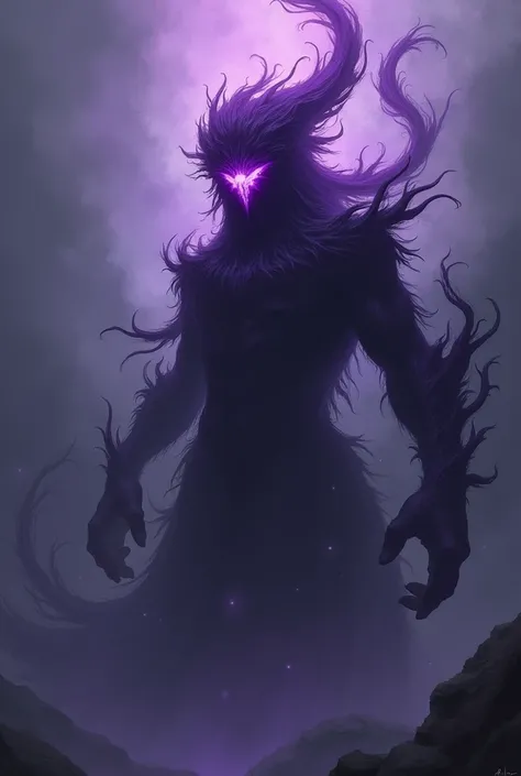  Elemental guardian spirit of darkness with a sinister purple aura, amorphous in the style of the anime Shaman King 