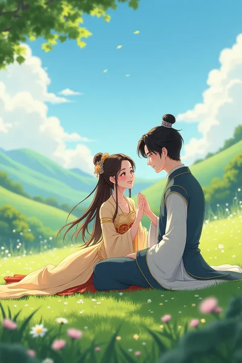  Create image of two antique characters in Chinese costumes 1 man 1 woman lying on the meadow based on the photo,  cute brunette woman smiling raising her hands to the sky , cool black haired man in anime style Ghibli 