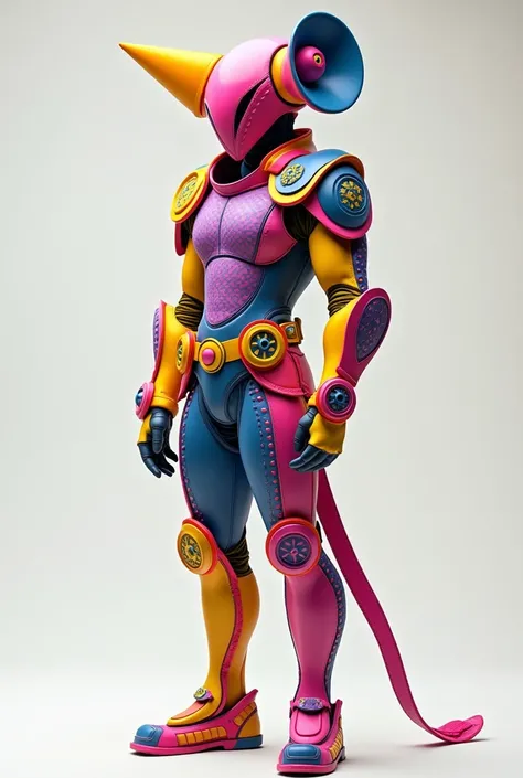   The costume is composed of vibrant colors , like a rose, yellow, purple and blue,  with geometric and circular details on different parts of the body .  The silhouette is elongated and ornate ,  with structural elements that recall the fusion of armor wi...