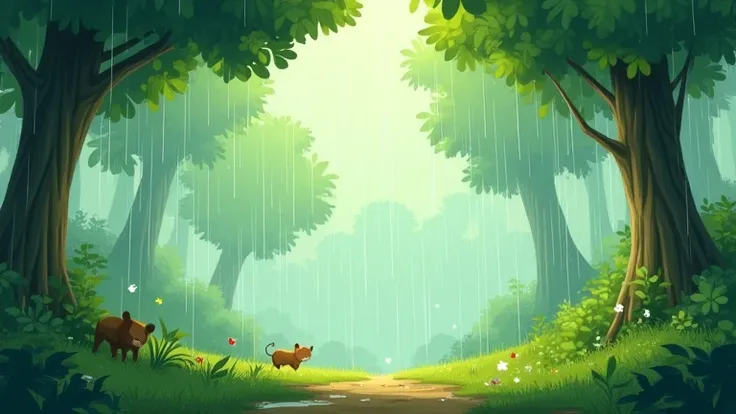 An animated cartoon-style illustration of a gentle rain falling in a lush green forest. Raindrops are visible on leaves and branches, creating a fresh, calming atmosphere. Small puddles form on the forest floor, and soft light filters through the cloudy sk...