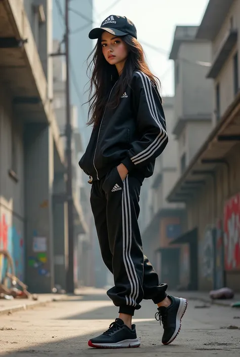 15-year-old white girl with black hair and wearing black Adidas clothes 