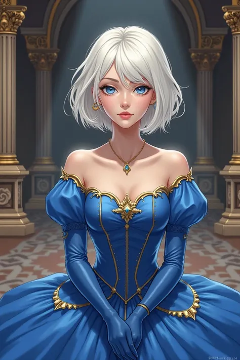 Pretty woman, natural, with short white hair below her neck  ,  Blue eyes ,   and wearing a royal blue princess dress with golden edges  . inside a castle,   that her expressions are expressionless That she has a drawing-like fanart style