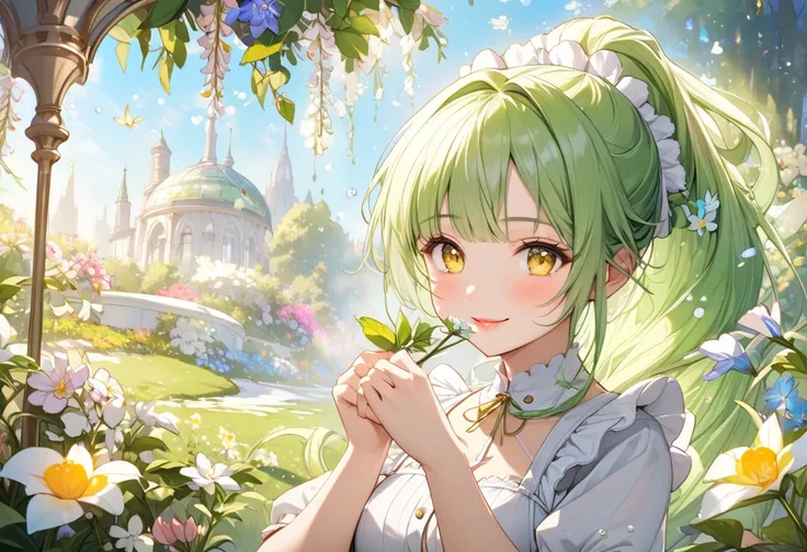 (beautiful and delicate) (Spectacular views illustration), in a cute maid uniform, break, (Gardening style), (solo, age 15) (delicate ponytail vivid green hair), (ultra beauty long hair), (ultra beautiful yellow eyes) (ultra beautiful warrior girl), (cute ...