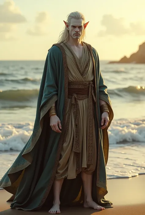 (photorealism:1.2), tiefling male, roman robes, standing on a beach, pale white skin,