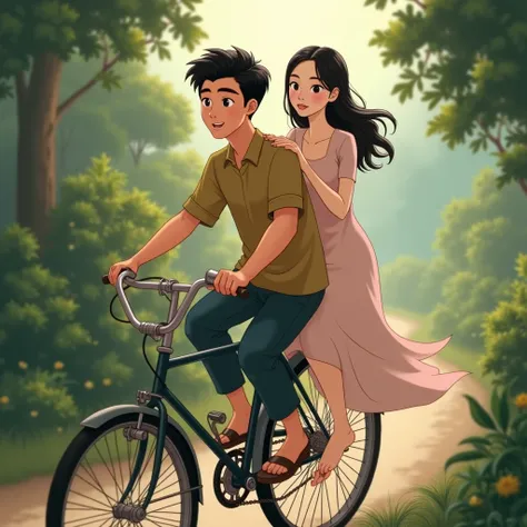 Mot Chàng trai người việt nam trẻ tuổi, high nose bridge , riding a bicycle , Carrying a beautiful girl in the back of the car 