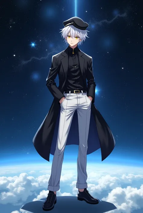 highly detailed, anime male character, wearing a black sailor hat, short white hair, yellow eyes, fair skin, smiling, black shirt, black coat, long white pants, black shoes, 1.80m tall, standing in outer space background, cool and confident expression, cin...