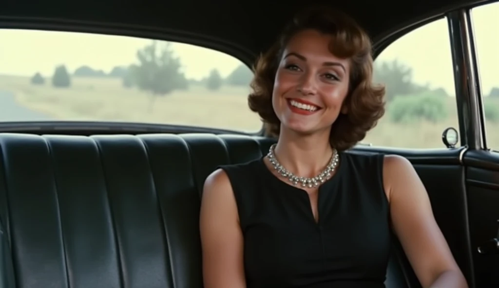 Laura Shaffer, 1950 style, nice black dress, sitting in luxury car and smiling