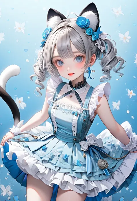 1 cute girl with cat ear and cat tail, ligne claire, contour deepening beautiful detailed glow, by famous artist,  head tilt, long white hair, curly hair, Air bangs, Grey hair, beautiful detailed hair, Beautiful face, ^ ^, lovely big eyes, flat chest,  zet...