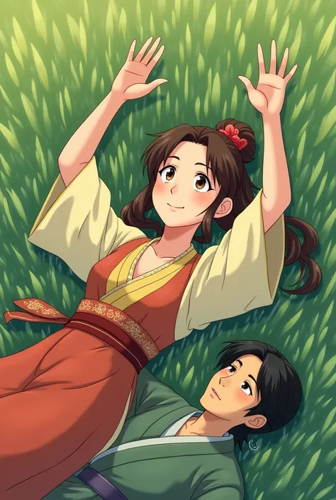 Create an image of two ancient characters wearing Chinese costumes, 1 male and 1 female lying in the field, the cute brown-haired female smiles and raises her hands in the air, the black-haired male is cold in Ghibli anime style