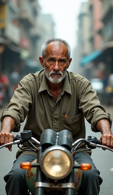 a teacher wearing shabby clothes and riding battered motorbike (real photo)