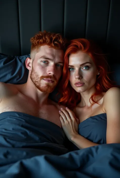 Um casal red-haireds deitados na cama em um quarto de casal tons preto e azul com detalhes branco, night,  dark environment. O homem é red-haired e usa buzz cut. a mulher tem  long wavy hair strawberry red . Homem Pierre Roy, red-haired, buzz cut, plump li...