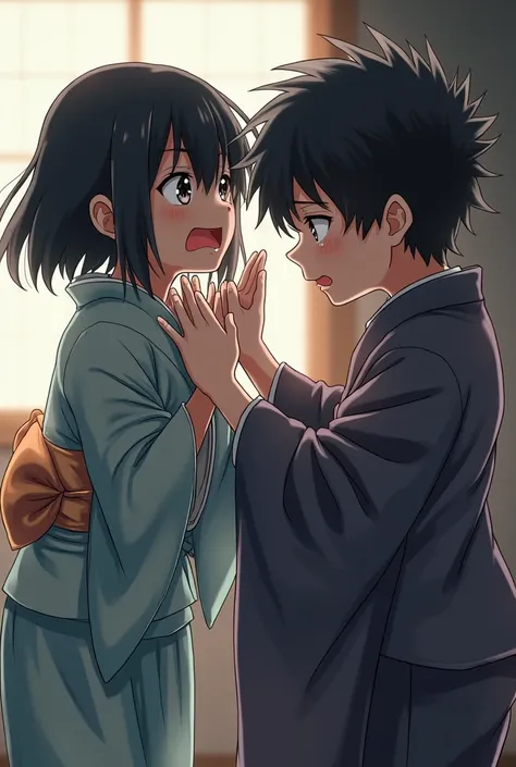 Boy pulls away and pulls away ,  apparently determined to leave ,  while a girl with yukata ,  clearly distressed , try to stop him .  She is desperate ,  sad and worried about her departure ,  and their eyes reflect the pain of the situation.  tightly as ...